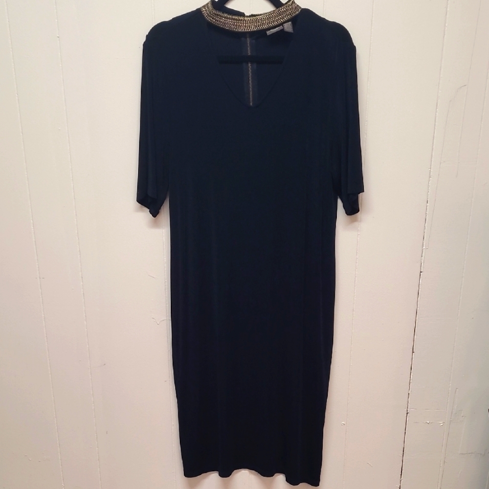 Chico's Travelers Navy Blue Dress V Neck Gold Weave Accents SZ 2 (12)